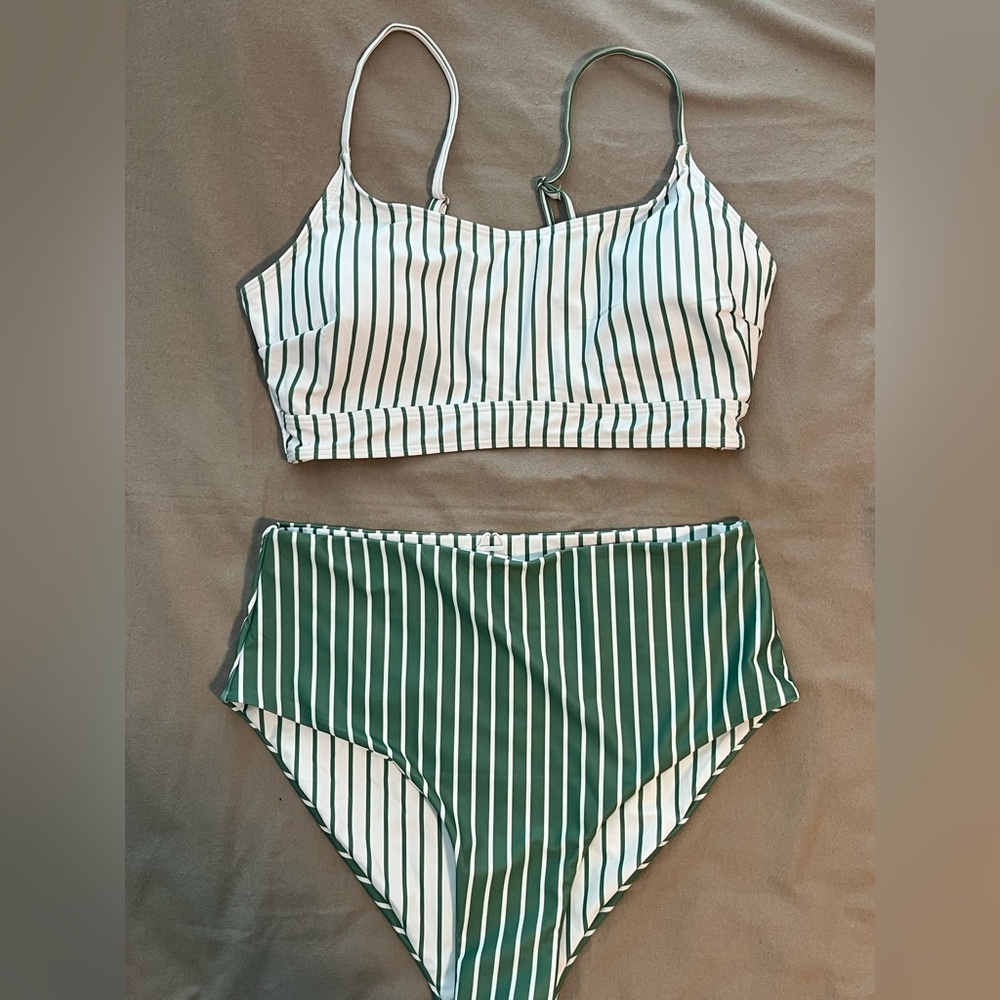Striped Green & White High-Waist Bikini Set